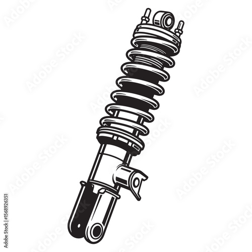 Detailed black and white illustration of a motorcycle shock absorber isolated on white background
