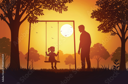 Father watching daughter on swing at sunset silhouette vector