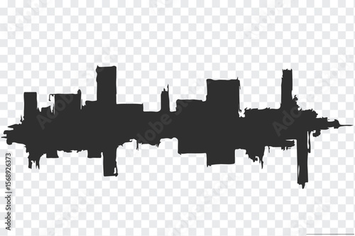 Abstract grunge cityscape silhouette with a distressed textured appearance and a transparent background for creative design