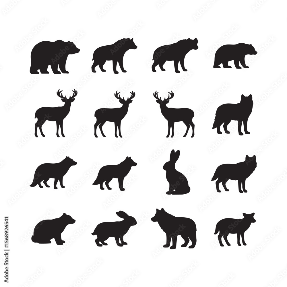 Fototapeta premium Sixteen Black Silhouettes of Wild Animals on White Background Grizzly Bear Black Bear Hyena Deer Wolf Rabbit