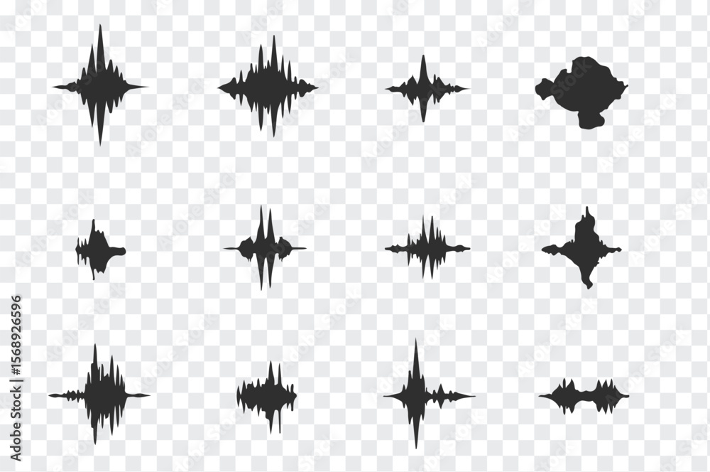 Naklejka premium Collection of diverse black sound waveforms and audio visualizations on a transparent grid background