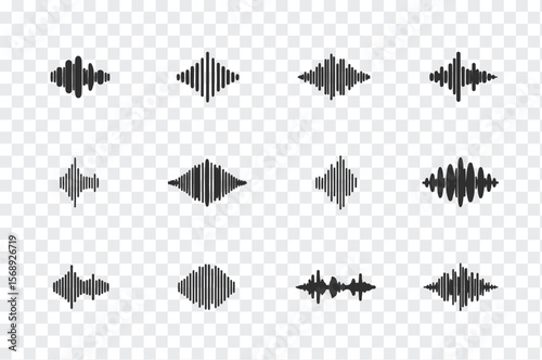Collection of twelve diverse black sound wave icons representing audio visualization and signal patterns on a transparent background