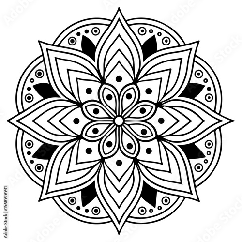 symmetrical mandala design with floral and geometric elements in black and white line art style art.