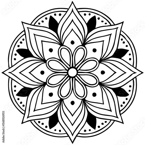 symmetrical mandala design with floral and geometric elements in black and white line art style art.