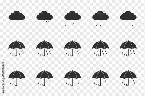 Collection of stylized black cloud and umbrella icons depicting various intensities of rainfall on a transparent background