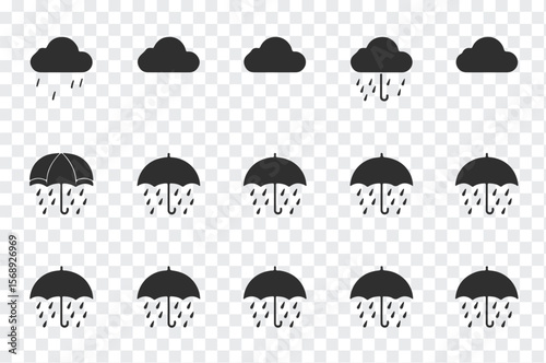 Collection of simple black icons depicting rain clouds and umbrellas with falling raindrops against a transparent background