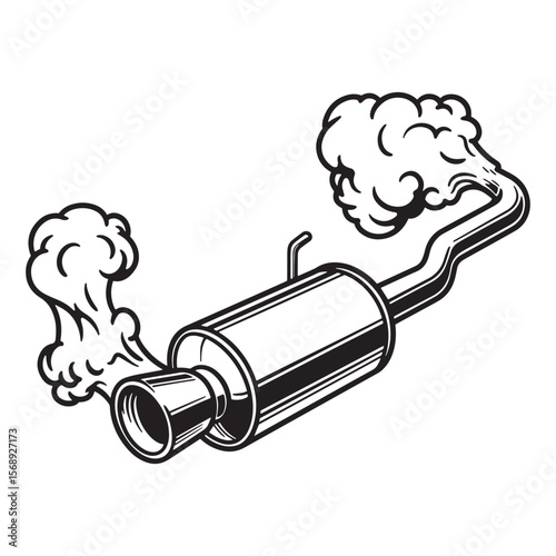 Exhaust pipe emitting fumes in a detailed black and white illustration depicting automotive parts
