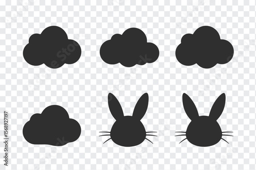 Simple black silhouette icons of fluffy clouds and cute bunny faces with whiskers on a transparent background