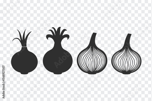 A row of four stylized onion illustrations two solid silhouettes and two line art representations on a transparent background