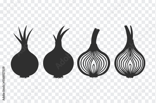 A set of four black silhouette icons of onions showing whole and halved vegetables with visible layers and roots