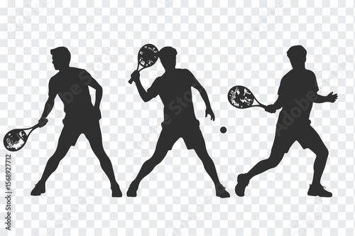 Three silhouettes of men playing tennis in dynamic poses with rackets and a ball