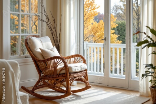 Cozy wicker rocking chair by the window with autumn view and natural light in a living room