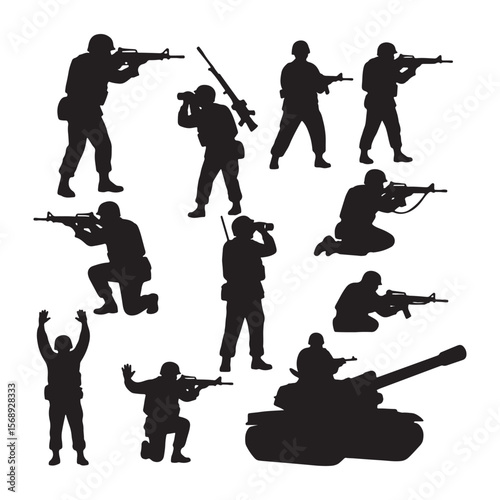 Soldiers aiming rifles and observing with binoculars near a tank military warfare