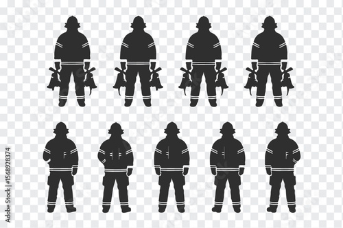 Collection of black firefighter silhouettes in protective gear standing ready with axes and hoses against a transparent background