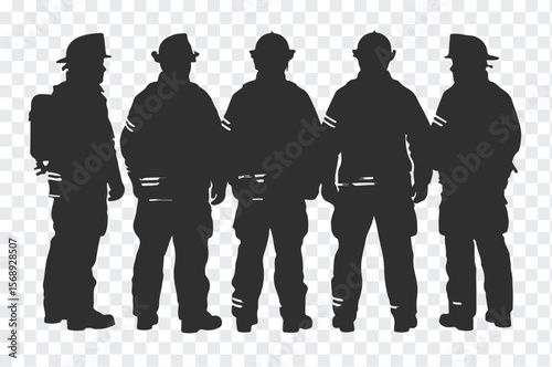 Silhouette of five firefighters standing together in uniform representing teamwork and bravery in their profession