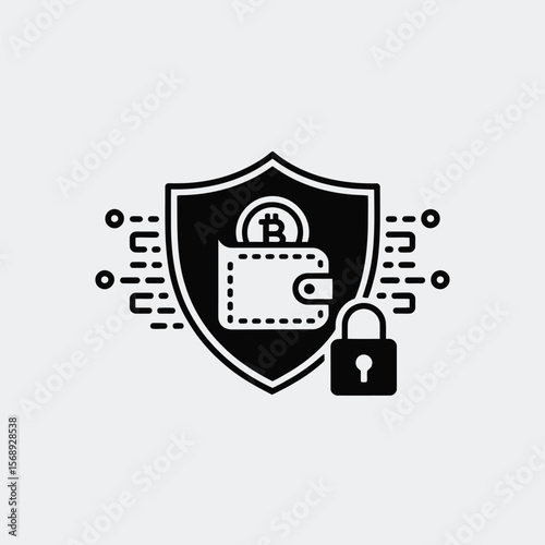 Black and white vector icon depicting a digital wallet secured within a protective shield alongside a padlock symbolizing secure cryptocurrency transactions Bitcoin digital asset safety