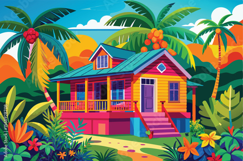 Vibrant Tropical House Illustration A Colorful Caribbean Escape