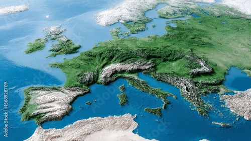Detailed topographic map of Europe showing mountains forests and oceans