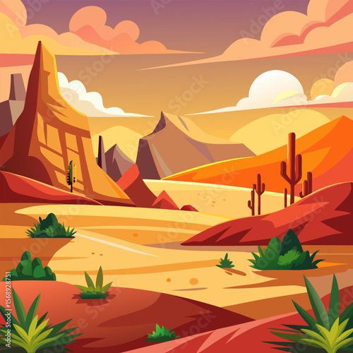 Sunset Desert Landscape. Majestic Mountains and Cacti