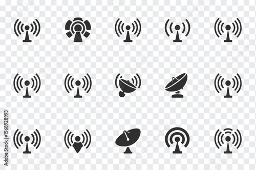 Collection of diverse broadcast and signal transmission icons including antennas and satellite dishes on a transparent background