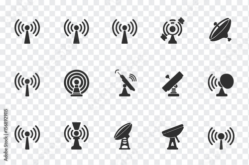 Collection of various antenna and satellite dish icons representing communication and broadcasting technologies