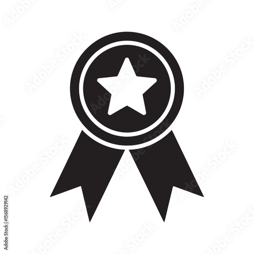 Champion medal prize solid glyph icon representing a star award on a ribbon for a first place winner and a successful achievement
