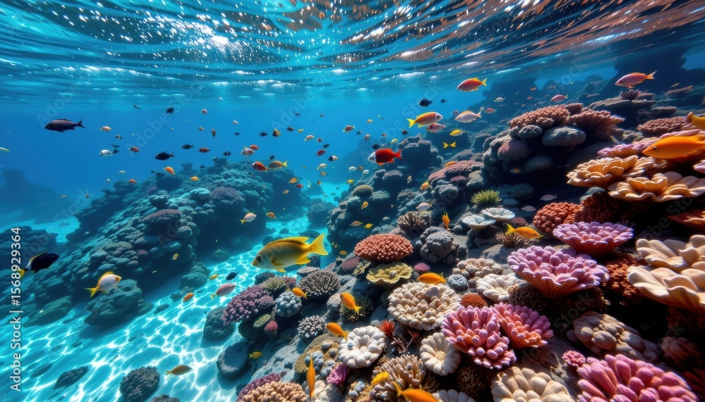 Fototapeta premium Vibrant Coral Reef Underwater Scene with Colorful Tropical Fish and Clear Blue Water