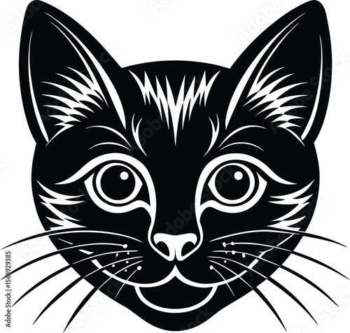 Stylized black cat face with sharp white accents and whiskers silhouette