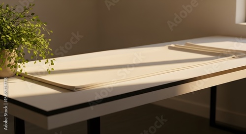 A sunlit indoor scene features a beige table, a plant, and a partially visible window. A long, flat object with perforations lies on the table, illuminated by the sunlight creating shadows.