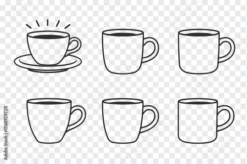 Collection of six simple black and white line art drawings of coffee mugs and a teacup with saucer
