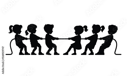 Black silhouettes of children playing tug of war on a white background vector illustration