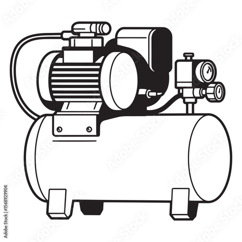 Simple black and white illustration of an industrial air compressor machine on a white background