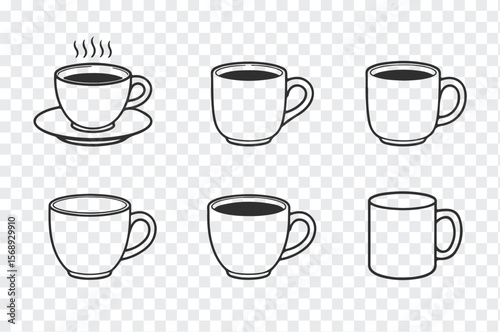 A collection of six simple line art illustrations of coffee cups and mugs on a transparent background