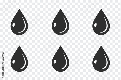 Six identical black water drop icons arranged in two rows on a transparent checkered background