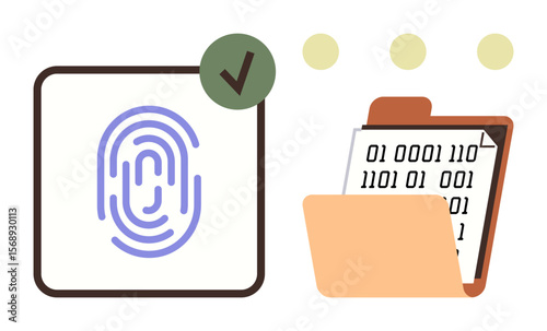 Fingerprint icon with a verification checkmark beside a file folder containing binary code. Ideal for cybersecurity, authentication, data management, privacy protection, digital access, secure