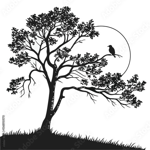 Serene Silhouette: Lone Tree, Bird, and Moon - Nature Illustration