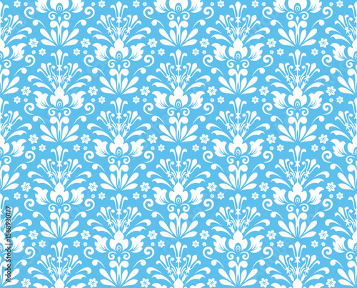 Floral pattern. Seamless vector background. Vintage wallpaper in the Baroque style. White and blue ornament for fabric, wallpaper, packaging. Ornate Damask flower illustration