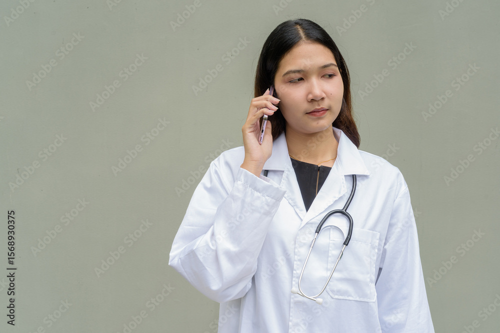 Young Asian woman doctor wearing white lab coat and stethoscope and using mobile phone Young Asian woman doctor wearing white lab coat and stethoscope and using mobile phone