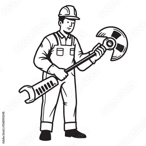 Skilled engineer holding large wrench tools ready for repair and maintenance in a vector illustration