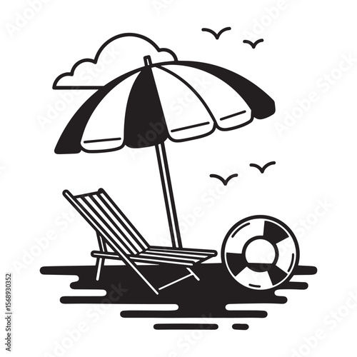 Summer scene illustration with a beach umbrella a chair and a life preserver in vector style