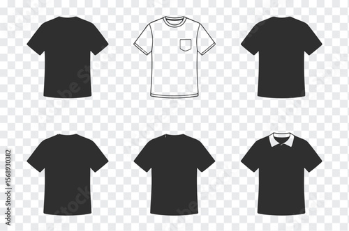 Collection of six diverse t shirt designs including plain black outlined and collared styles for fashion and apparel concepts