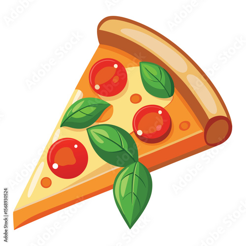 A slice of margherita pizza with bubbling cheese and fresh basil, a symbol of food, Italian cuisine, and a tasty meal.