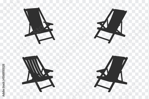 Four black silhouettes of deck chairs on a transparent background arranged in a square pattern