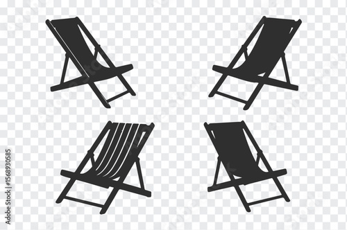 Collection of four black silhouette deck chairs on a transparent checkered background perfect for summer relaxation themes