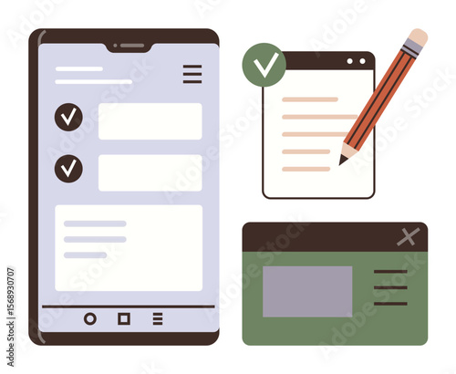 Smartphone interface displaying tasks, checklist with pencil, and green pop-up window. Ideal for productivity, organization, mobile apps, task tracking, UX design, work tools simple flat metaphor
