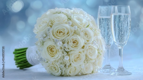 A bouquet of white roses is placed on a table next to two champagne glasses. Concept of celebration and elegance, as the flowers