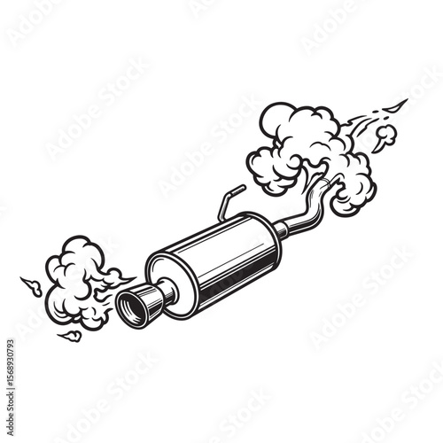 Vector illustration of a car exhaust pipe emitting smoke isolated on a white background