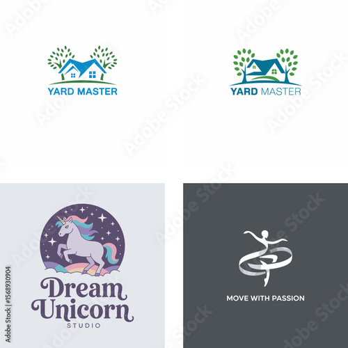 Collection of four distinct logo designs for yard master dream unicorn studio and move with passion
