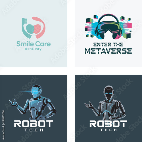 Collection of modern logos showcasing smile care dentistry metaverse concepts and robot tech designs