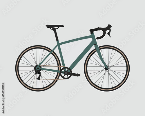 Illustration of a green road bicycle with black seat and handlebars on a light gray background